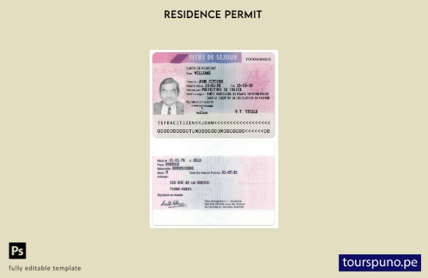 Plantilla de versión de permiso de residencia en Francia lista para imprimir